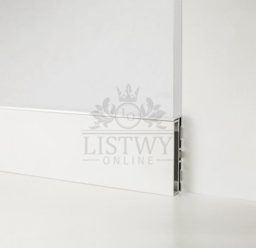 Próbka listwy przypodłogowej licowanej ze ścianą Metal line 87/6 + wstawka aluminium lakierowane biały mat RAL 9010 88/I6SF 6 cm  